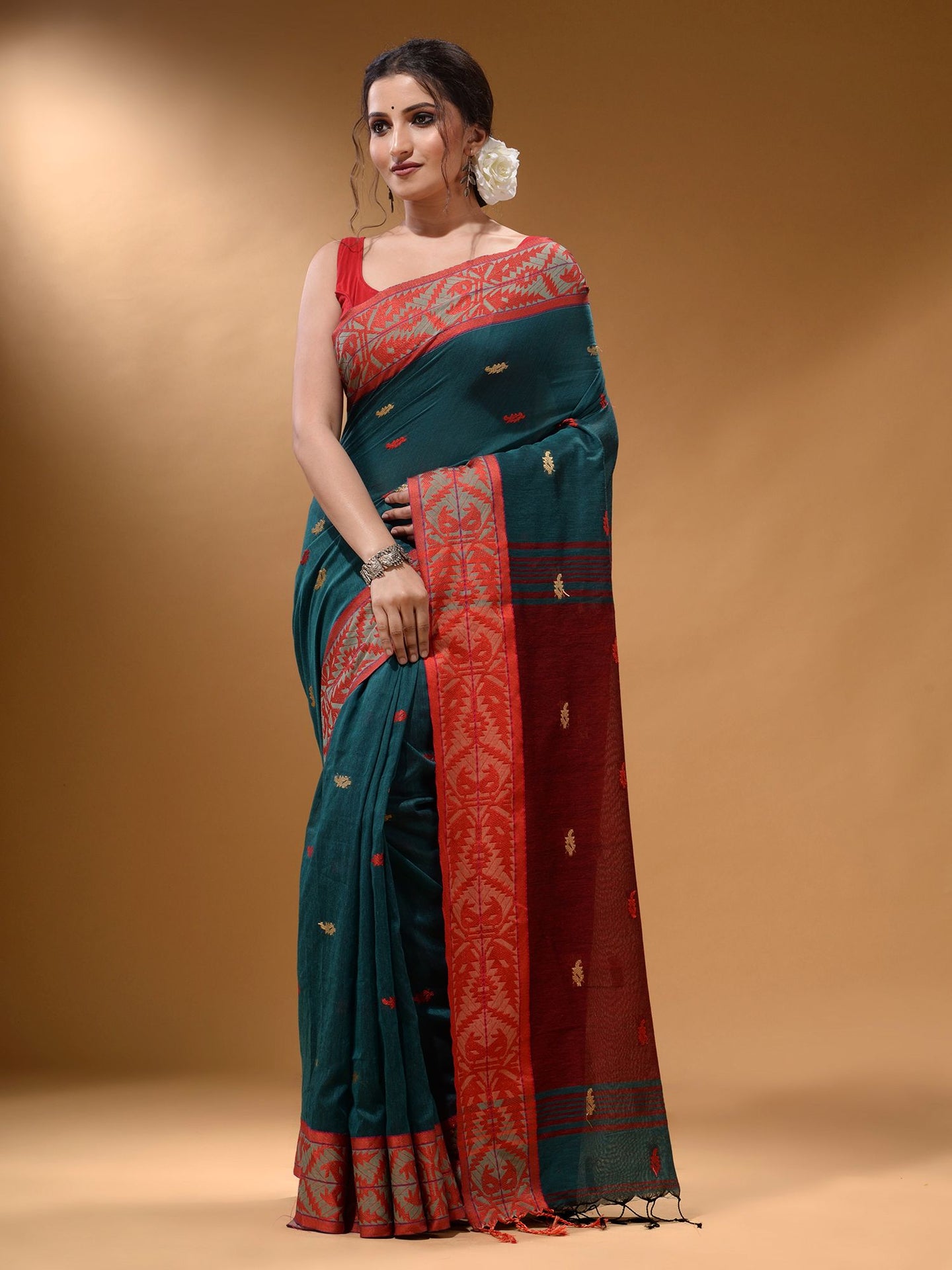 Teal Cotton Handspun Soft Saree With Nakshi Border And Contrast With Red Pallu