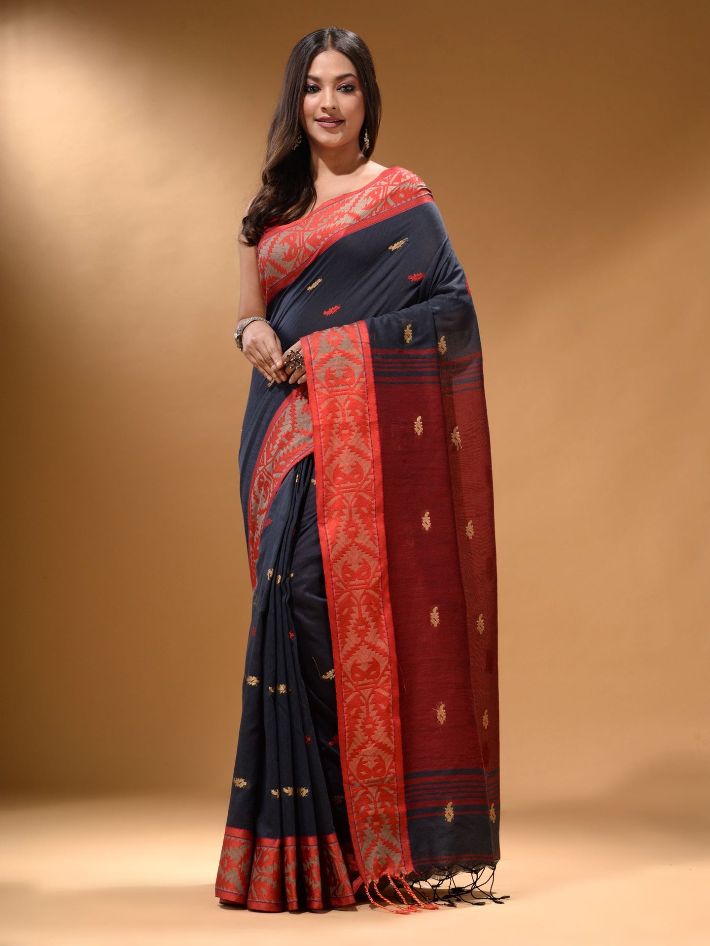Licorise Black Cotton Handspun Soft Saree With Nakshi Border And Contrast With Red Pallu