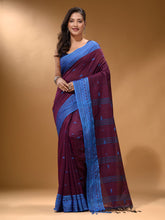 Load image into Gallery viewer, Plum Purple Cotton Handspun Soft Saree With Texture Border
