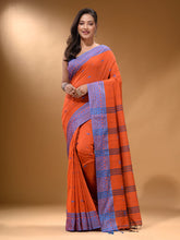 Load image into Gallery viewer, Orange Cotton Handspun Soft Saree With Texture Border
