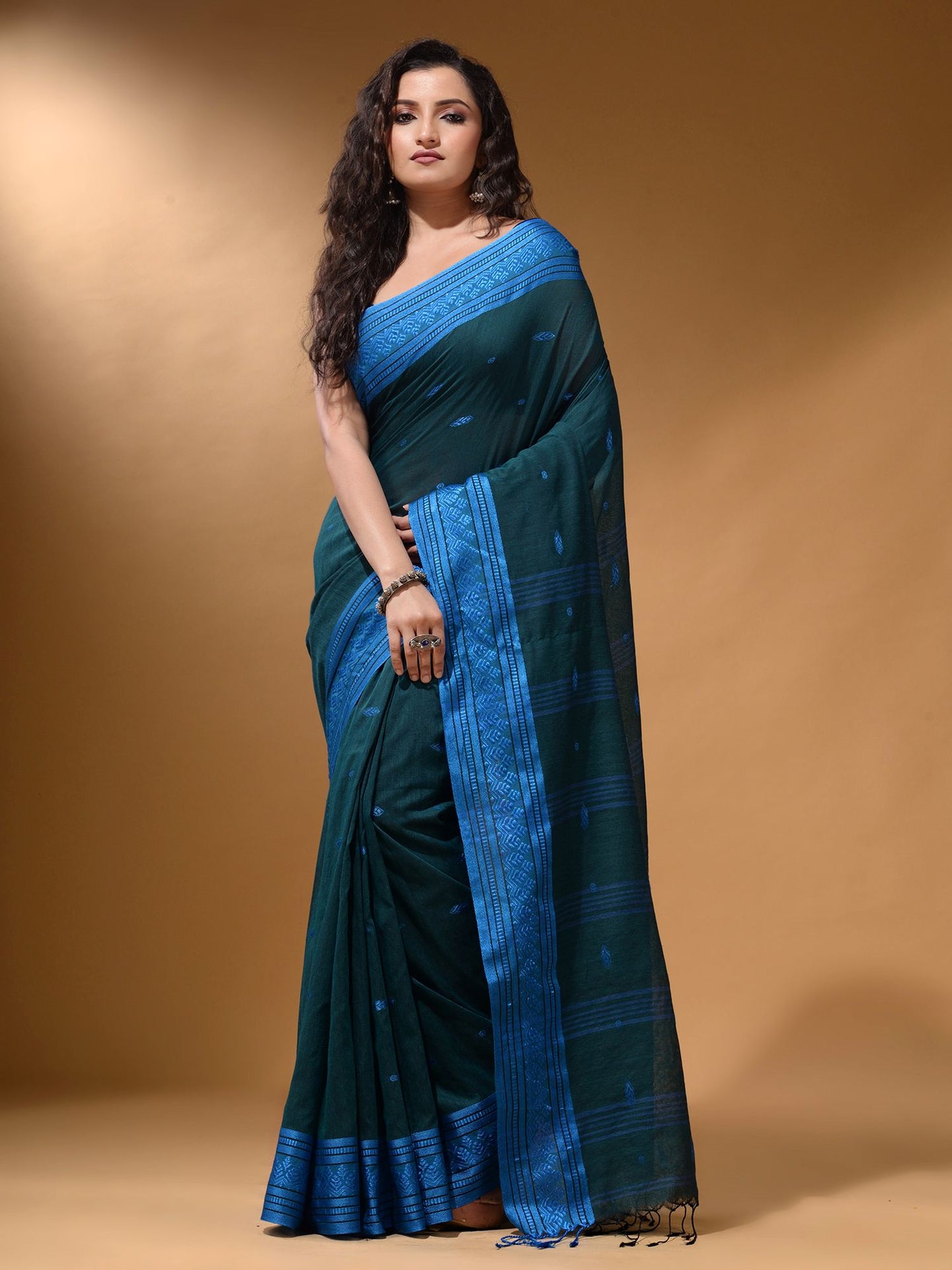 Teal Cotton Handspun Soft Saree With Texture Border