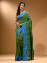 Load image into Gallery viewer, Green Cotton Handspun Soft Saree With Texture Border

