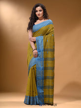 Load image into Gallery viewer, Sap Green Cotton Handspun Soft Saree With Texture Border
