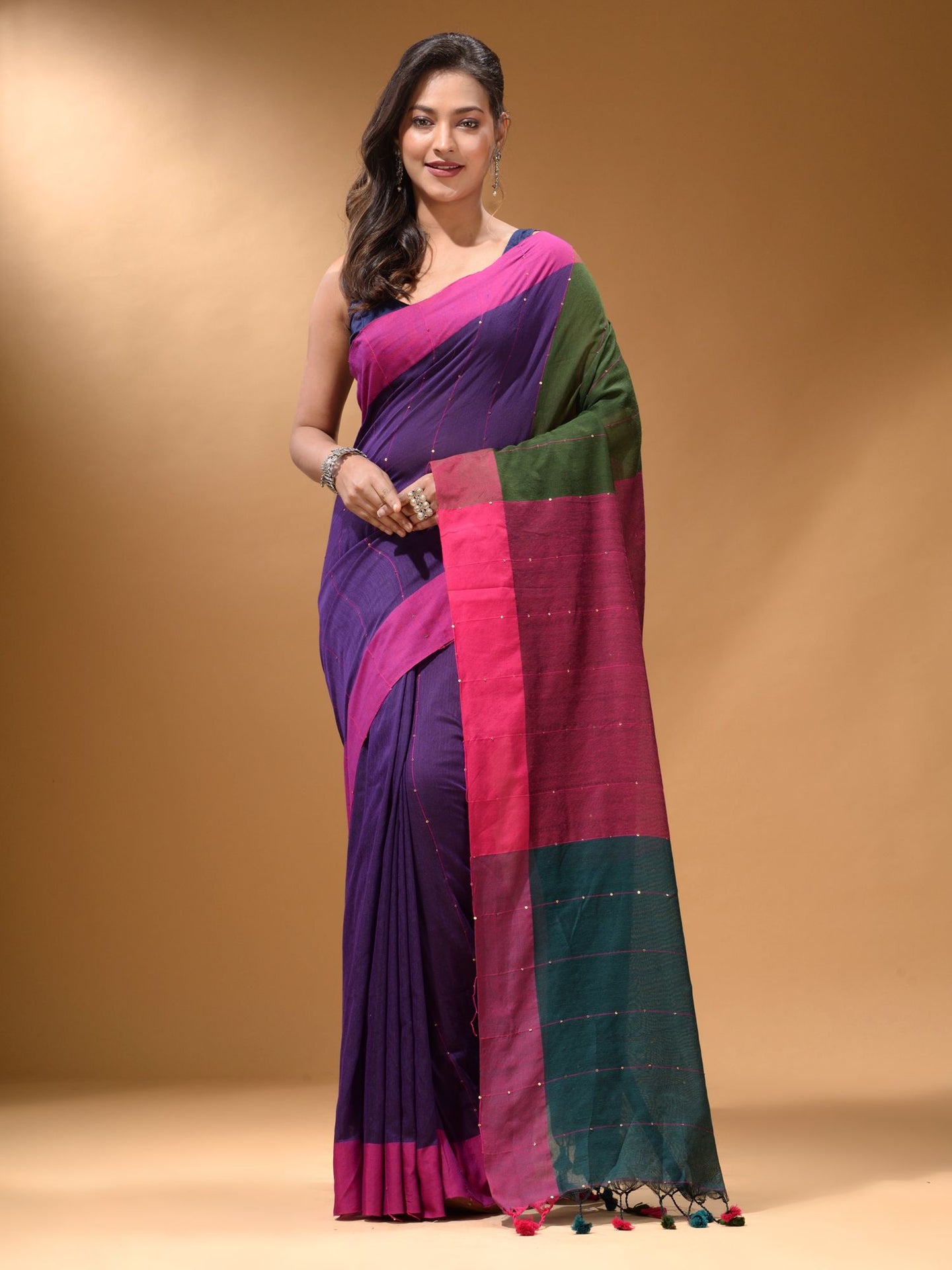 Purple Cotton Handspun Soft Saree With Contrast Multicolor Pallu