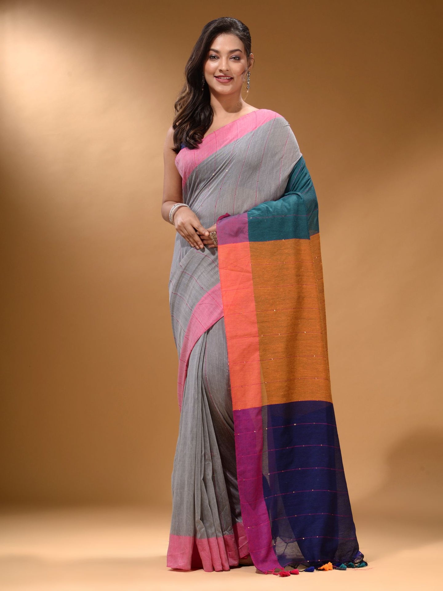 Grey Cotton Handspun Soft Saree With Contrast Multicolor Pallu