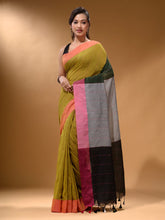 Load image into Gallery viewer, Sheen Green Cotton Handspun Soft Saree With Contrast Multicolor Pallu
