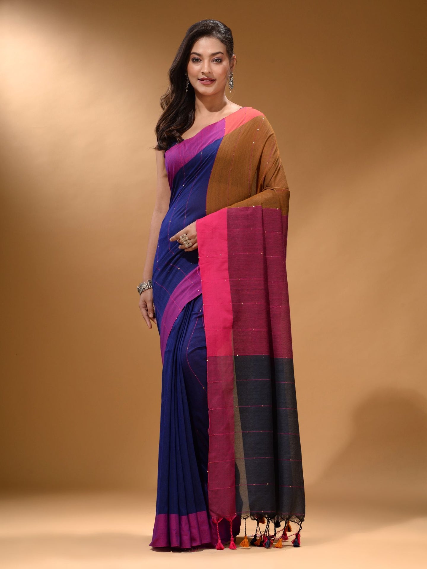 Blue Cotton Handspun Soft Saree With Contrast Multicolor Pallu
