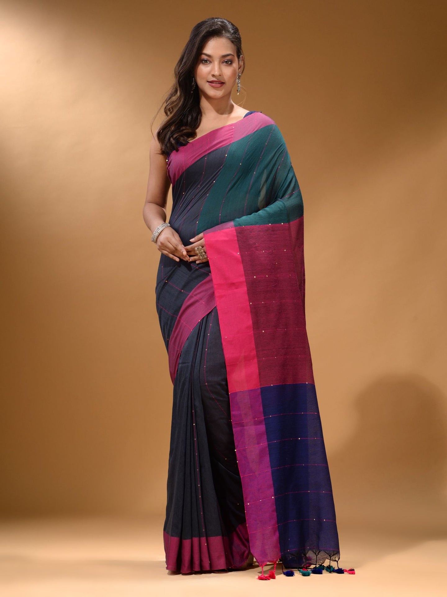 Slate Grey Cotton Handspun Soft Saree With Contrast Multicolor Pallu