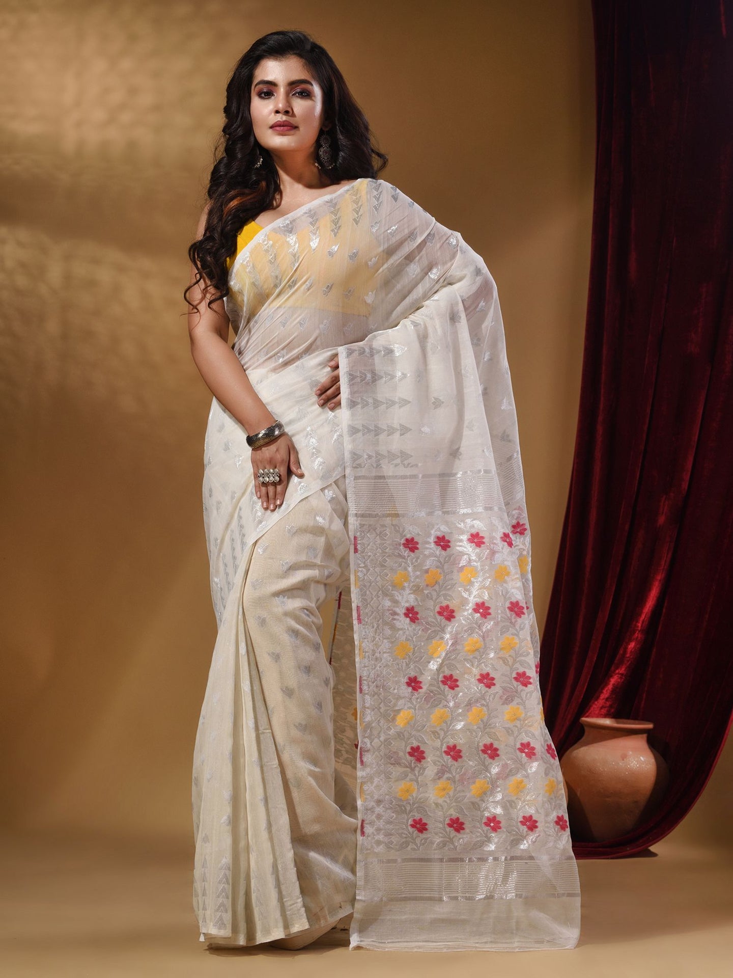 White Cotton Handwoven Jamdani Saree With Geometric Designs and Floral Patterns