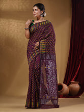 Load image into Gallery viewer, Sangria Cotton Handwoven Jamdani Saree With Geometric Designs and Floral Patterns

