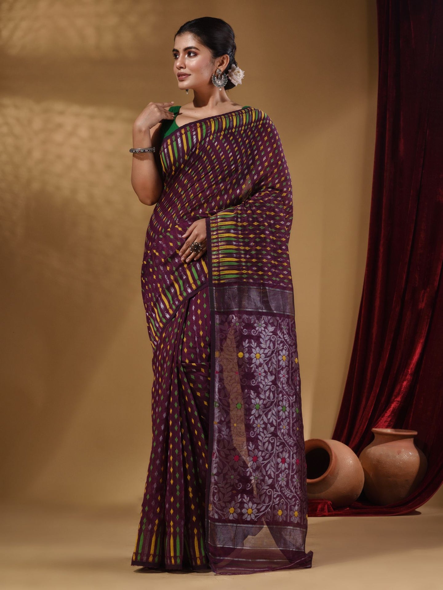 Sangria Cotton Handwoven Jamdani Saree With Geometric Designs and Floral Patterns