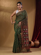 Load image into Gallery viewer, Hunter Green Cotton Handwoven Jamdani Saree With Geometric Designs and Floral Patterns
