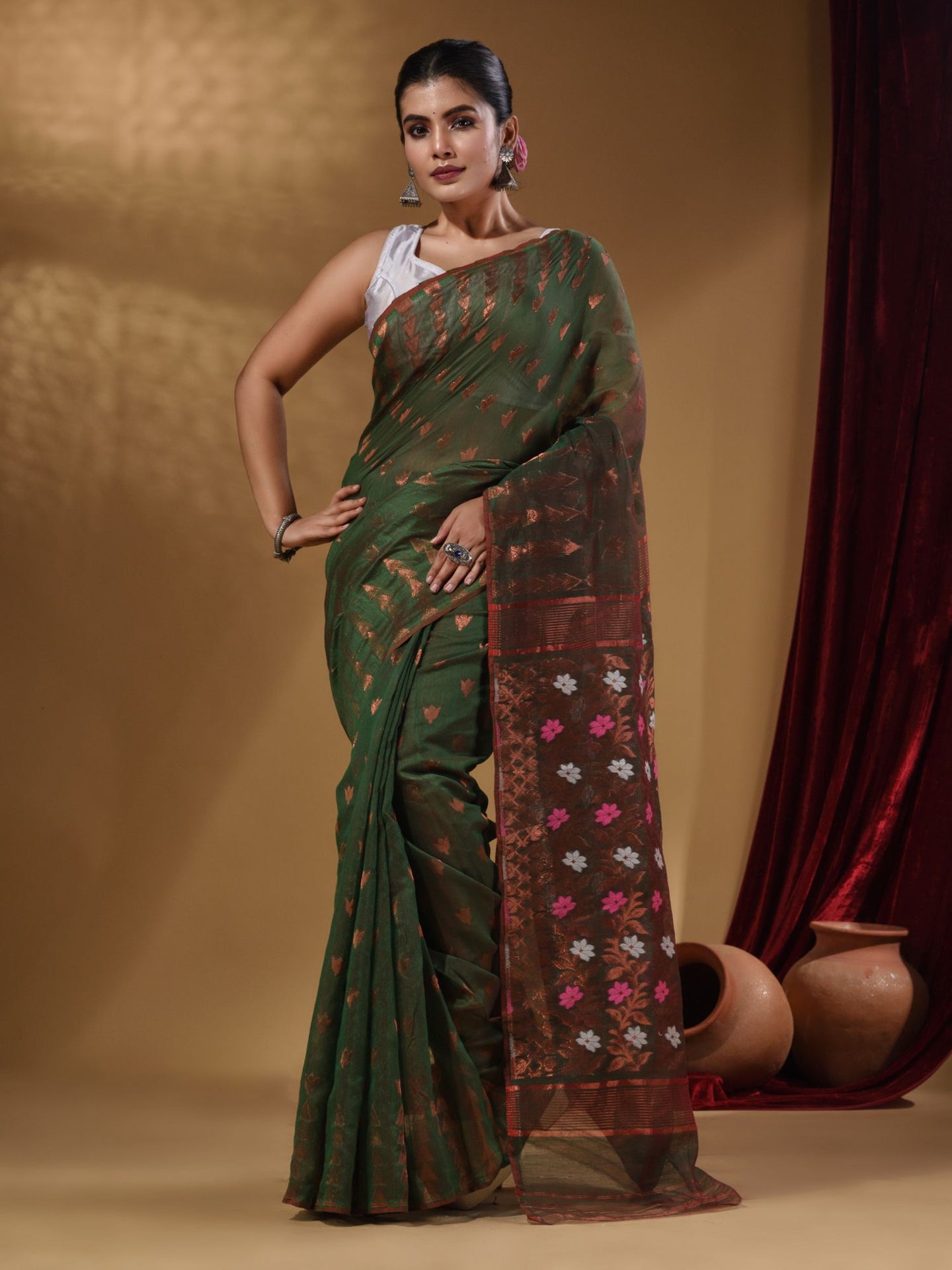 Hunter Green Cotton Handwoven Jamdani Saree With Geometric Designs and Floral Patterns