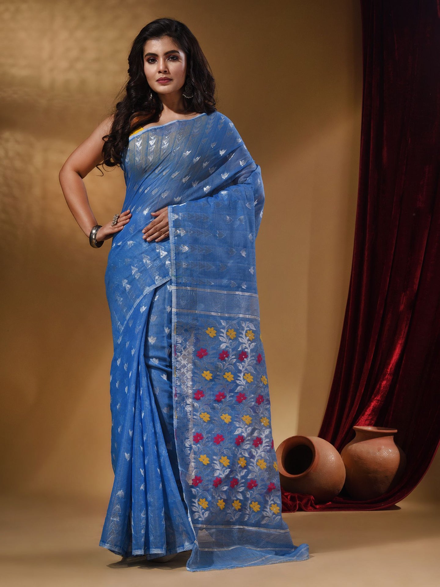 Sky Blue Cotton Handwoven Jamdani Saree With Geometric Designs and Floral Patterns