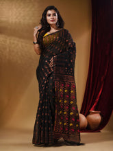 Load image into Gallery viewer, Black Cotton Handwoven Jamdani Saree With Geometric Designs and Floral Patterns
