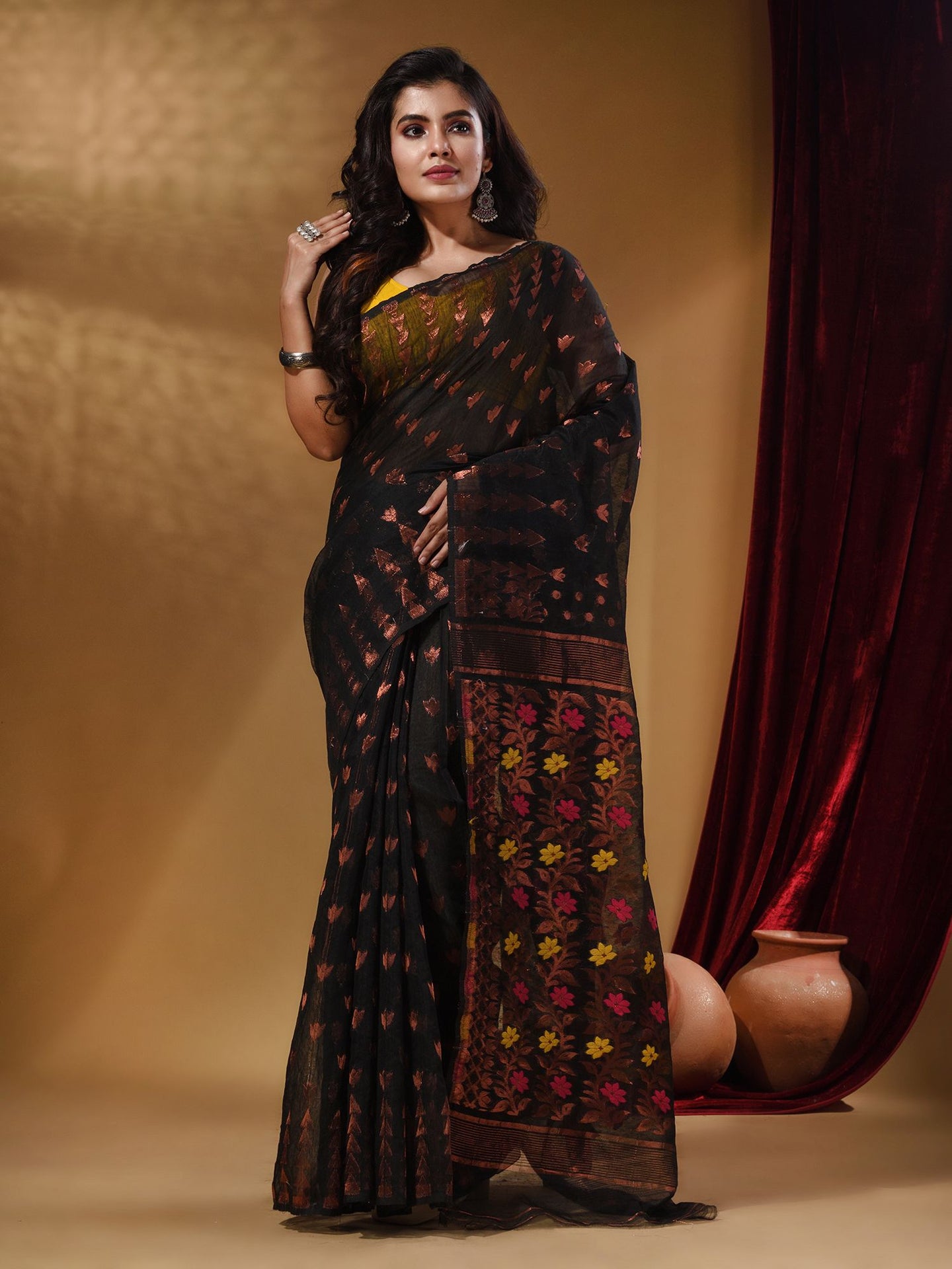 Black Cotton Handwoven Jamdani Saree With Geometric Designs and Floral Patterns