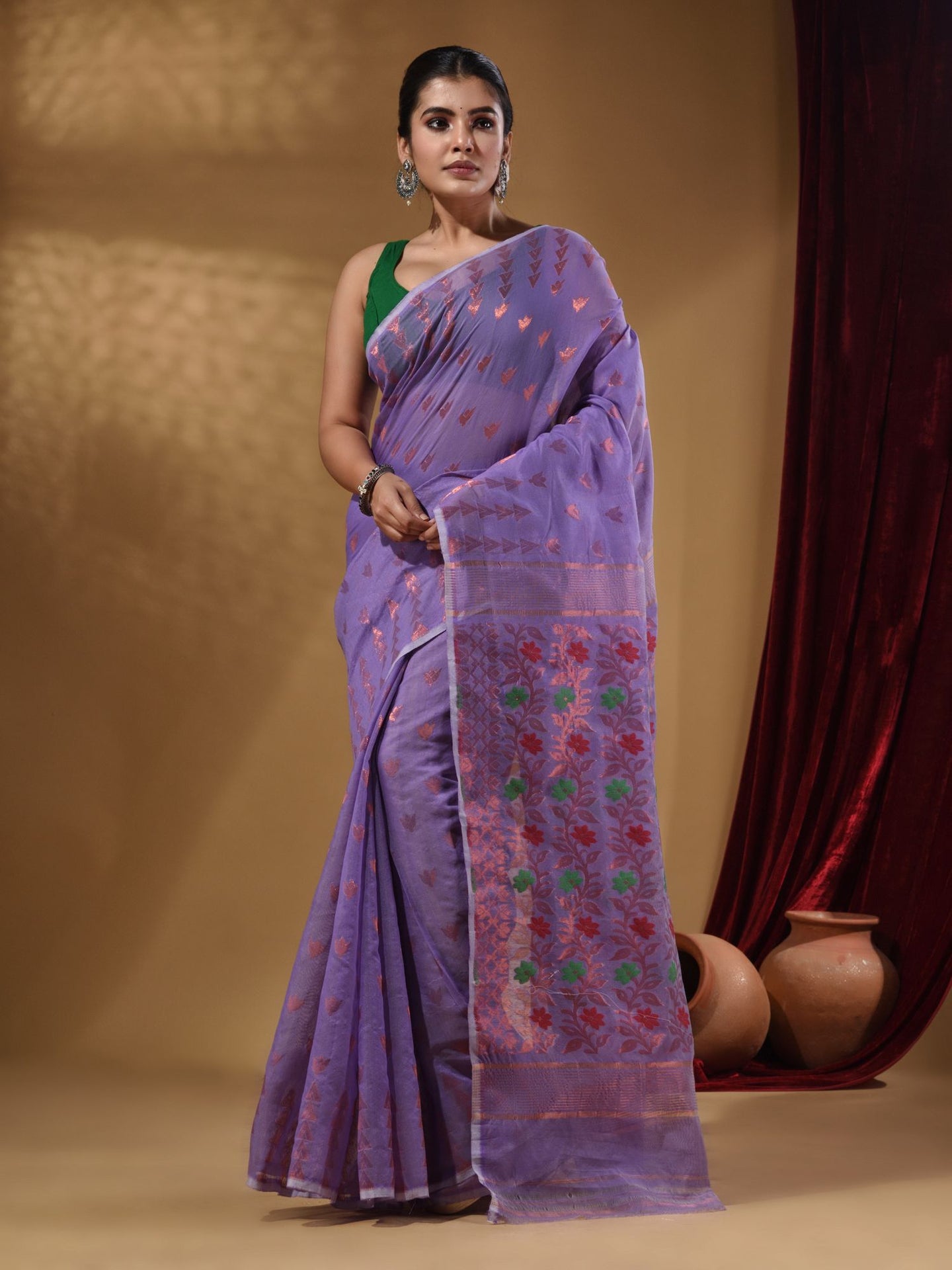 Periwinkle Cotton Handwoven Jamdani Saree With Geometric Designs and Floral Patterns