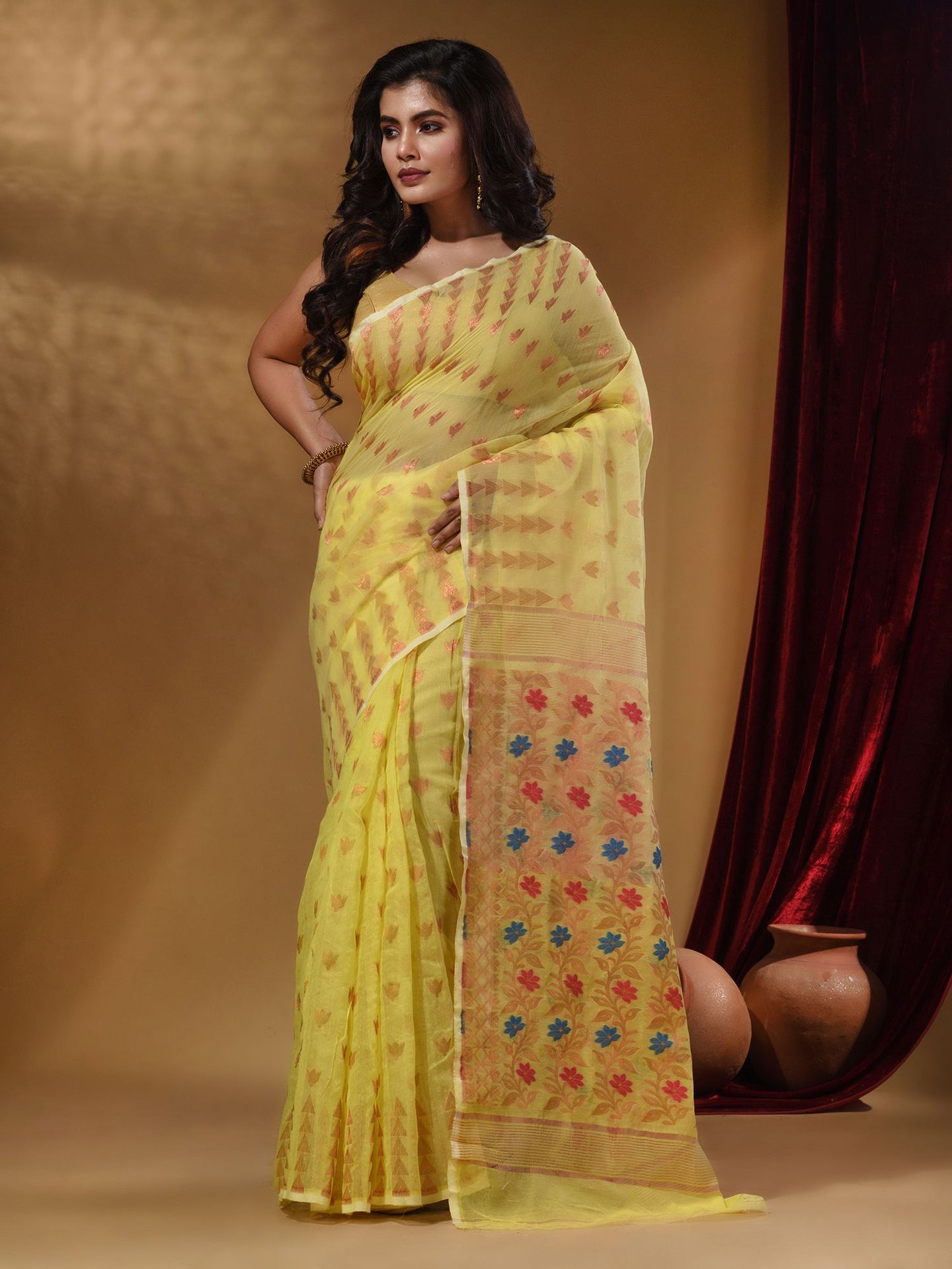 Yellow Cotton Handwoven Jamdani Saree With Geometric Designs and Floral Patterns
