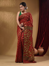 Load image into Gallery viewer, Brick Red Cotton Handwoven Jamdani Saree With Geometric Designs and Foliage Patterns
