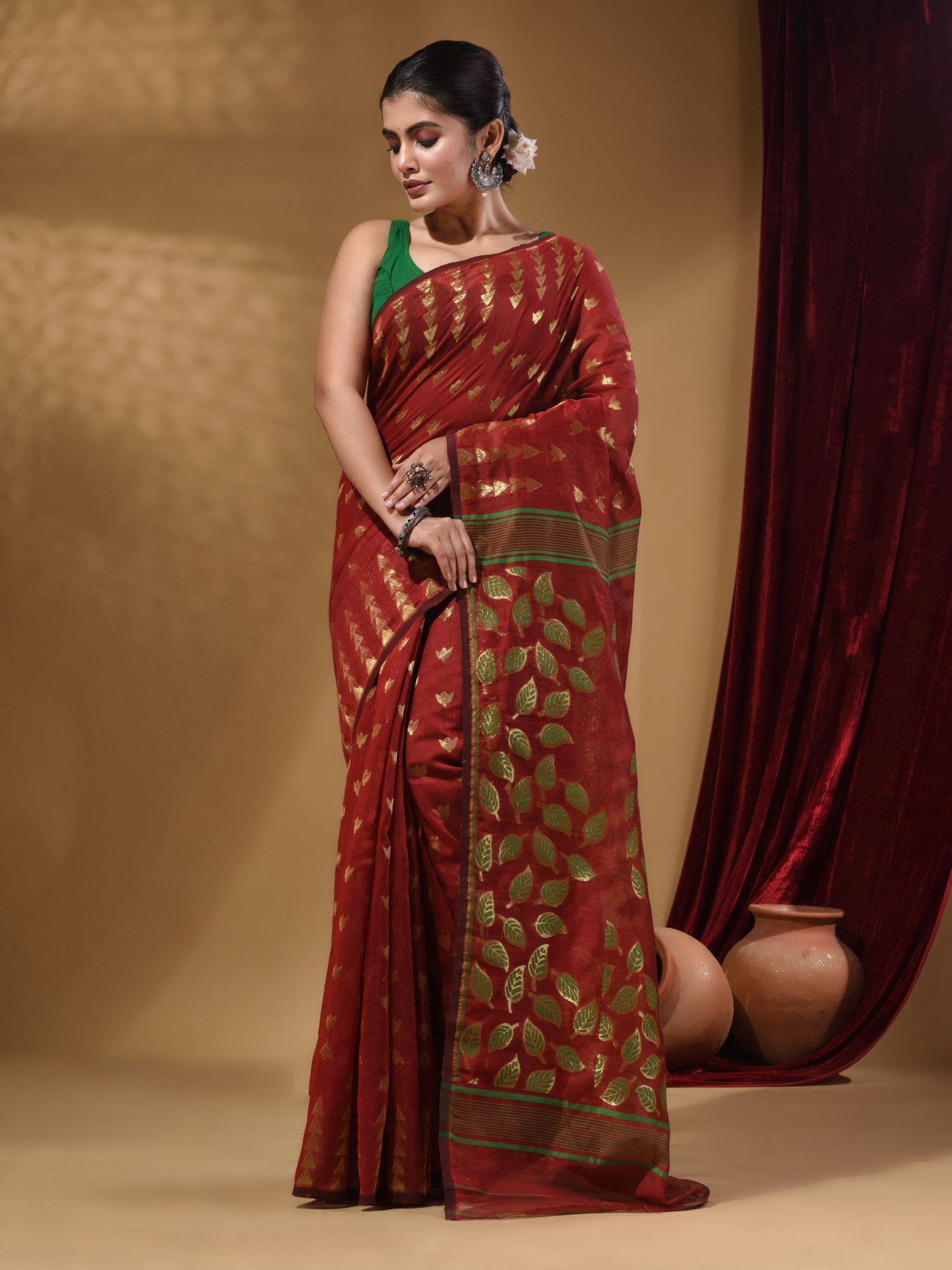 Brick Red Cotton Handwoven Jamdani Saree With Geometric Designs and Foliage Patterns