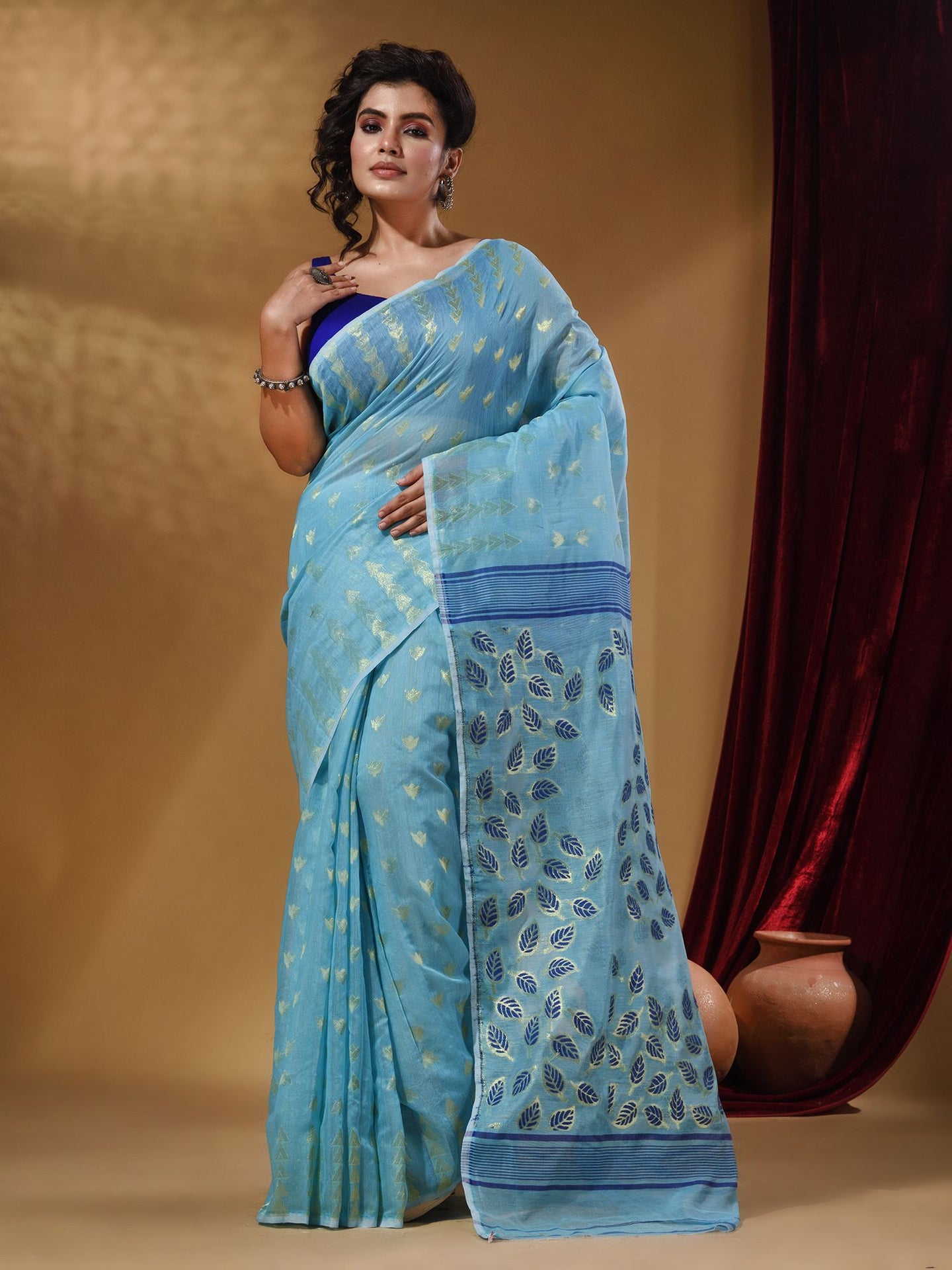 Sky Blue Cotton Handwoven Jamdani Saree With Geometric Designs and Foliage Patterns