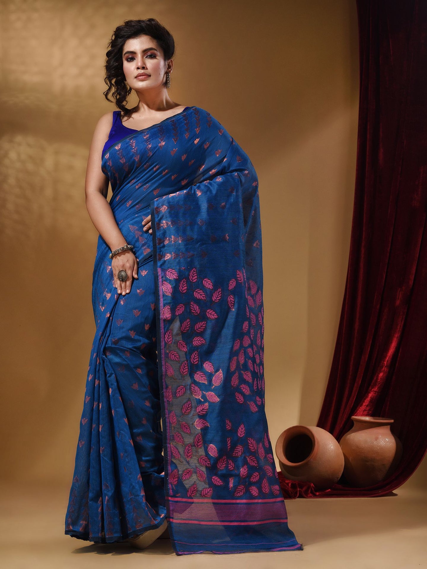Azure Blue Cotton Handwoven Jamdani Saree With Geometric Designs and Foliage Patterns