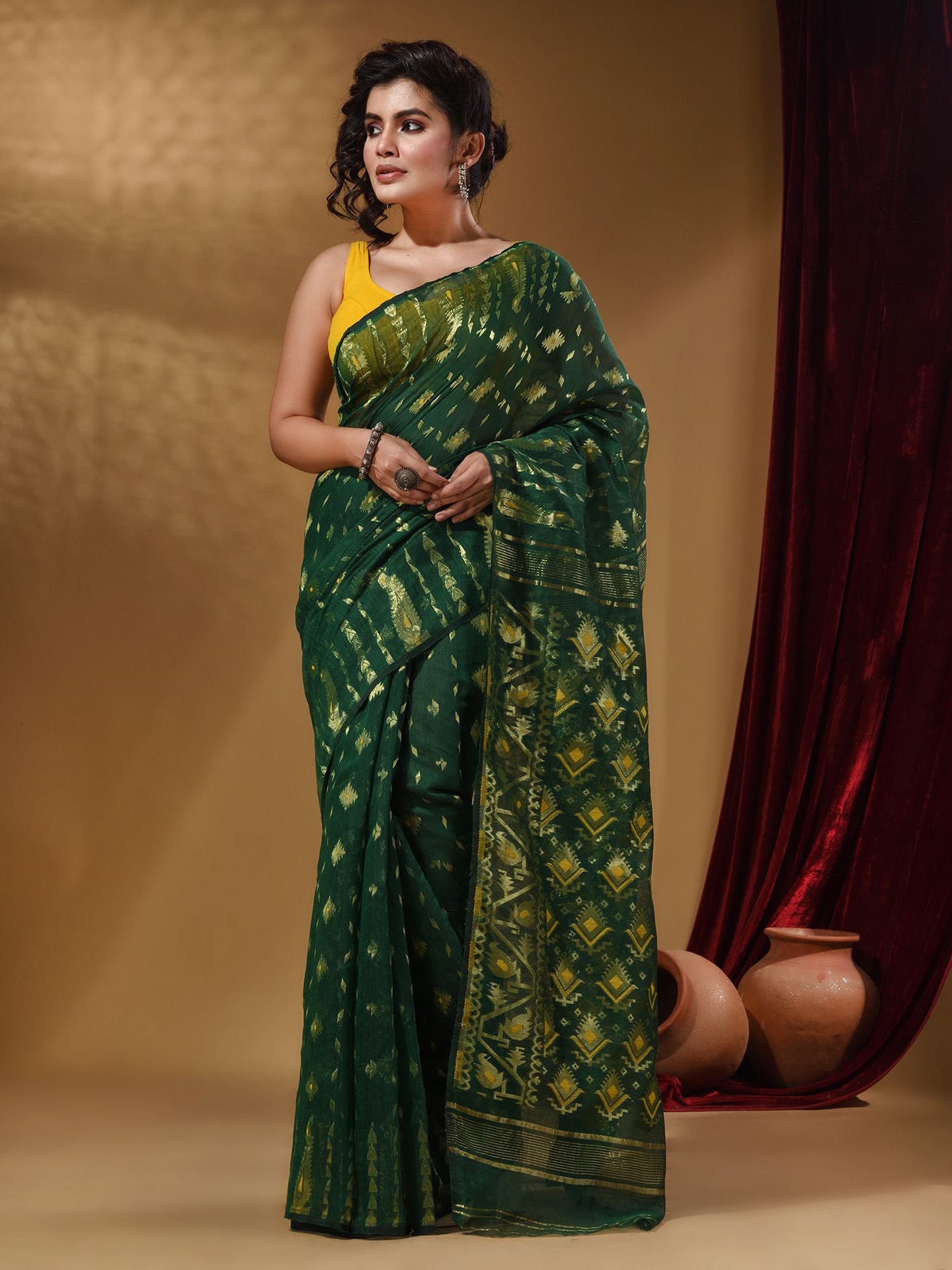 Castleton Green Handwoven Cotton Jamdani Saree With Woven Designs