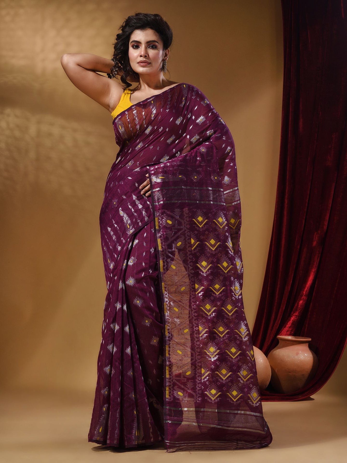 Magenta Handwoven Cotton Jamdani Saree With Woven Designs