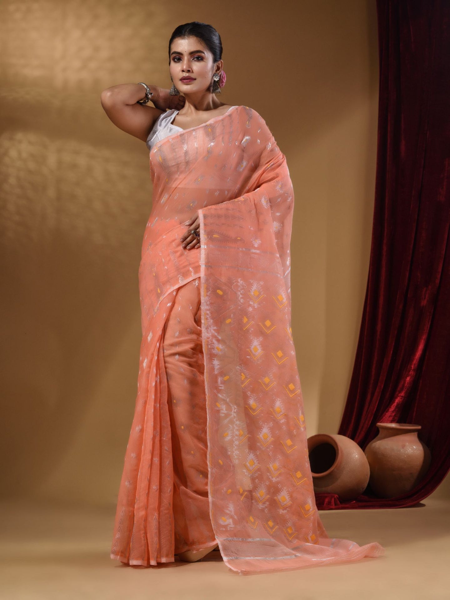 Peach Handwoven Cotton Jamdani Saree With Woven Designs