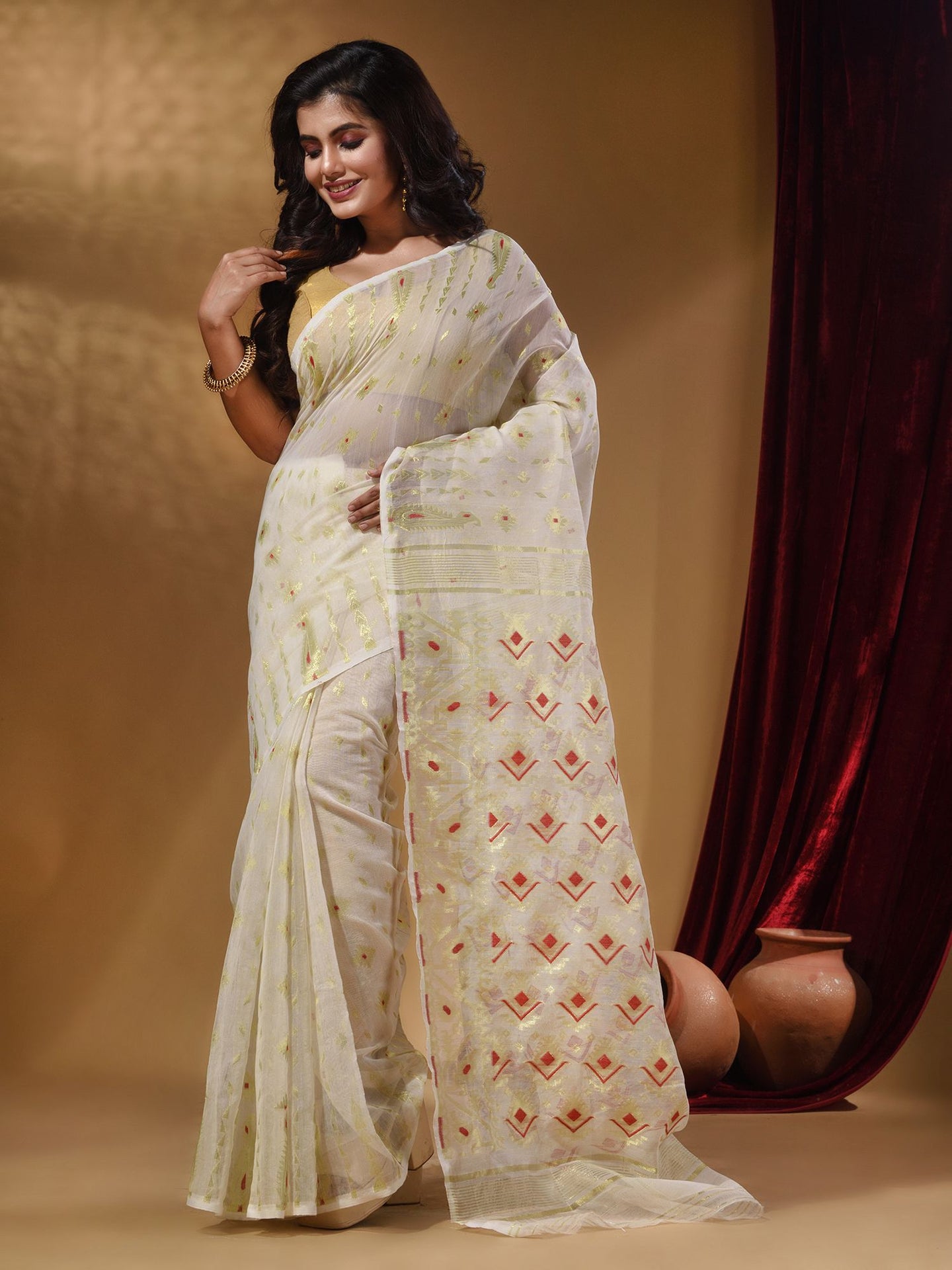 White Handwoven Cotton Jamdani Saree With Woven Designs