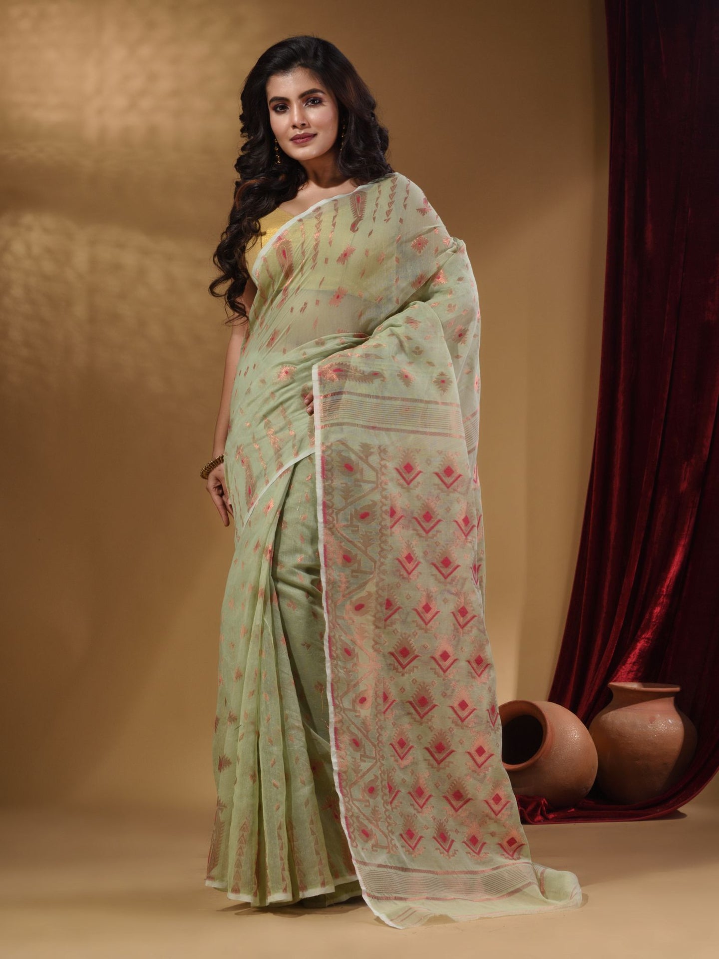 Tea Green Handwoven Cotton Jamdani Saree With Woven Designs