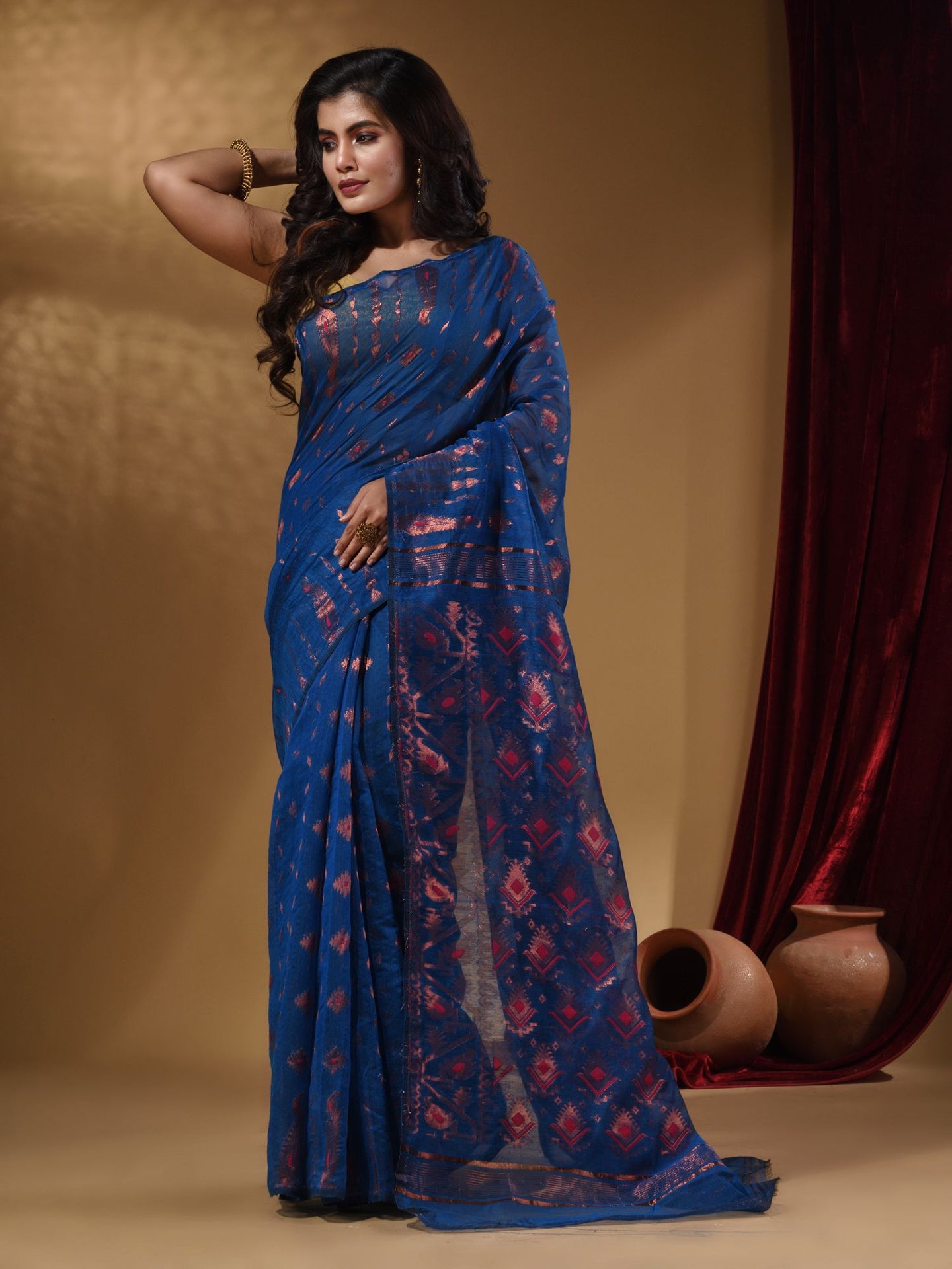 Sapphire Blue Handwoven Cotton Jamdani Saree With Woven Designs