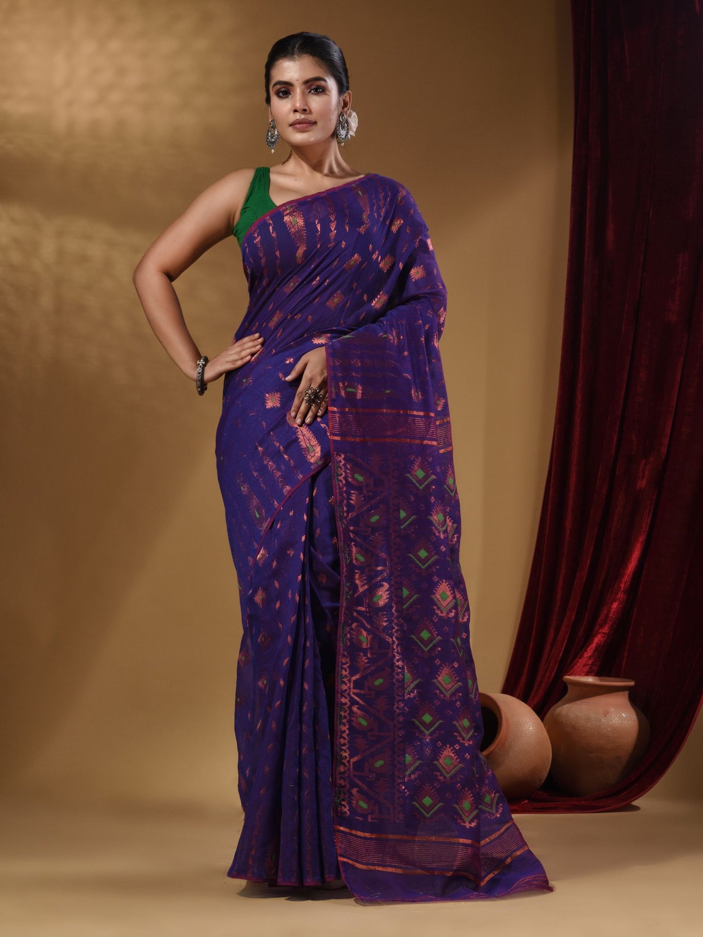 Violet Handwoven Cotton Jamdani Saree With Woven Designs
