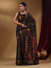 Load image into Gallery viewer, Black Cotton Handwoven Jamdani Saree With Multicolor Designs And Motifs
