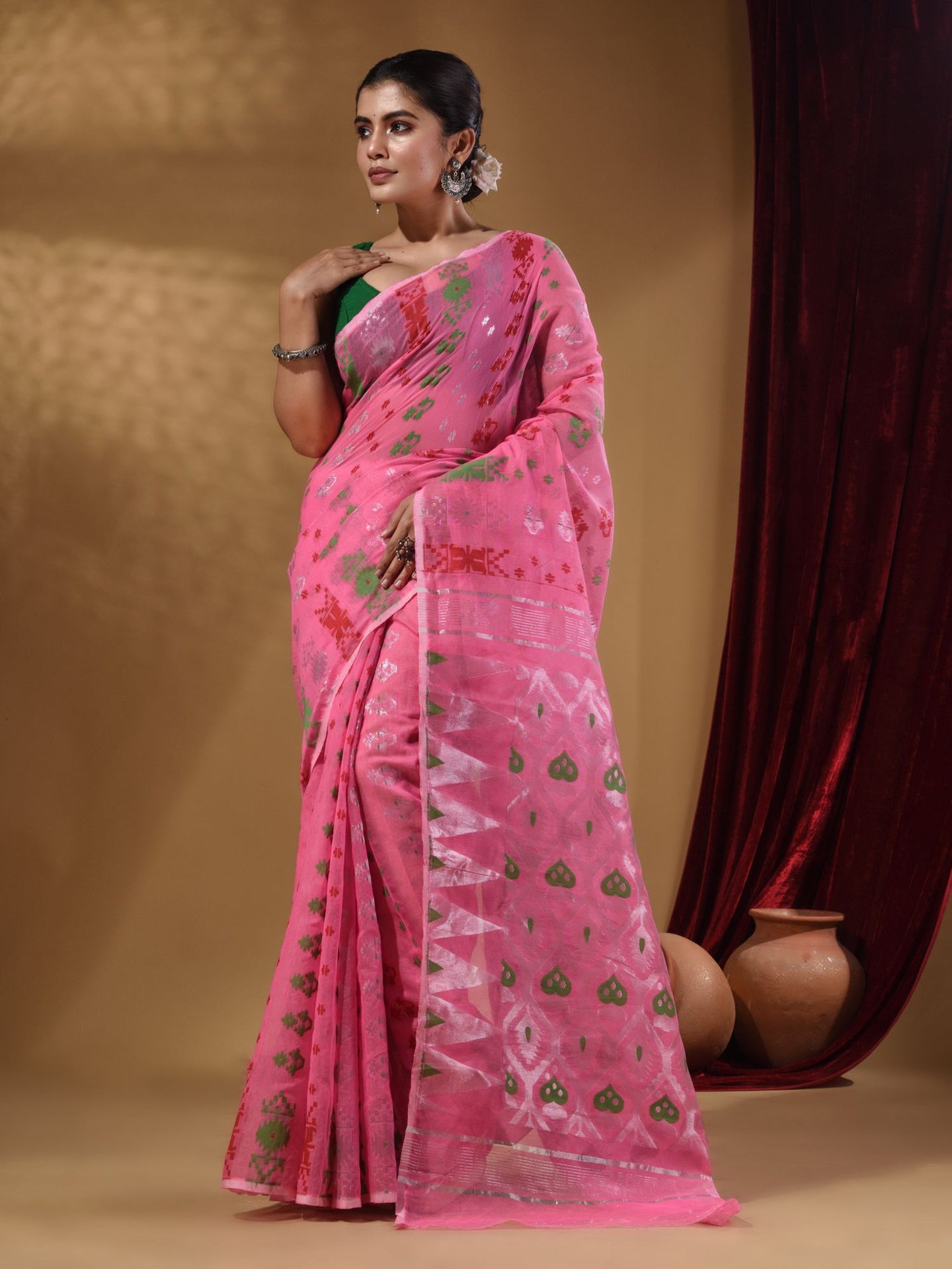 Pink Cotton Handwoven Jamdani Saree With Multicolor Designs And Motifs