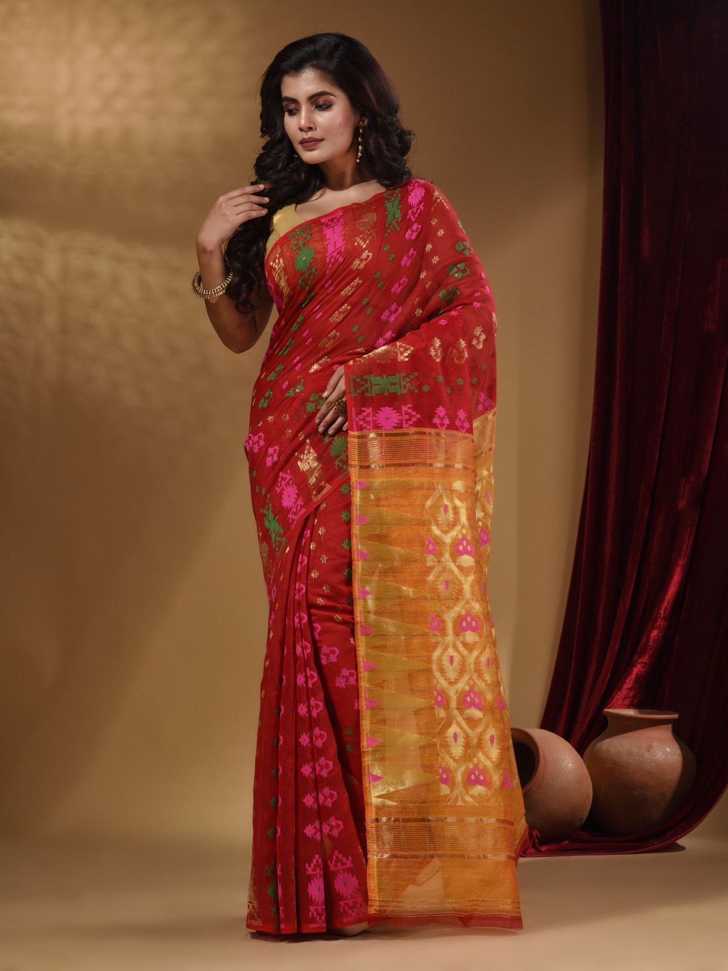 Red Cotton Handwoven Jamdani Saree With Multicolor Designs And Motifs