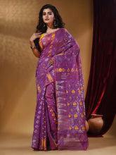 Load image into Gallery viewer, Violet Cotton Handwoven Jamdani Saree With Multicolor Designs And Motifs
