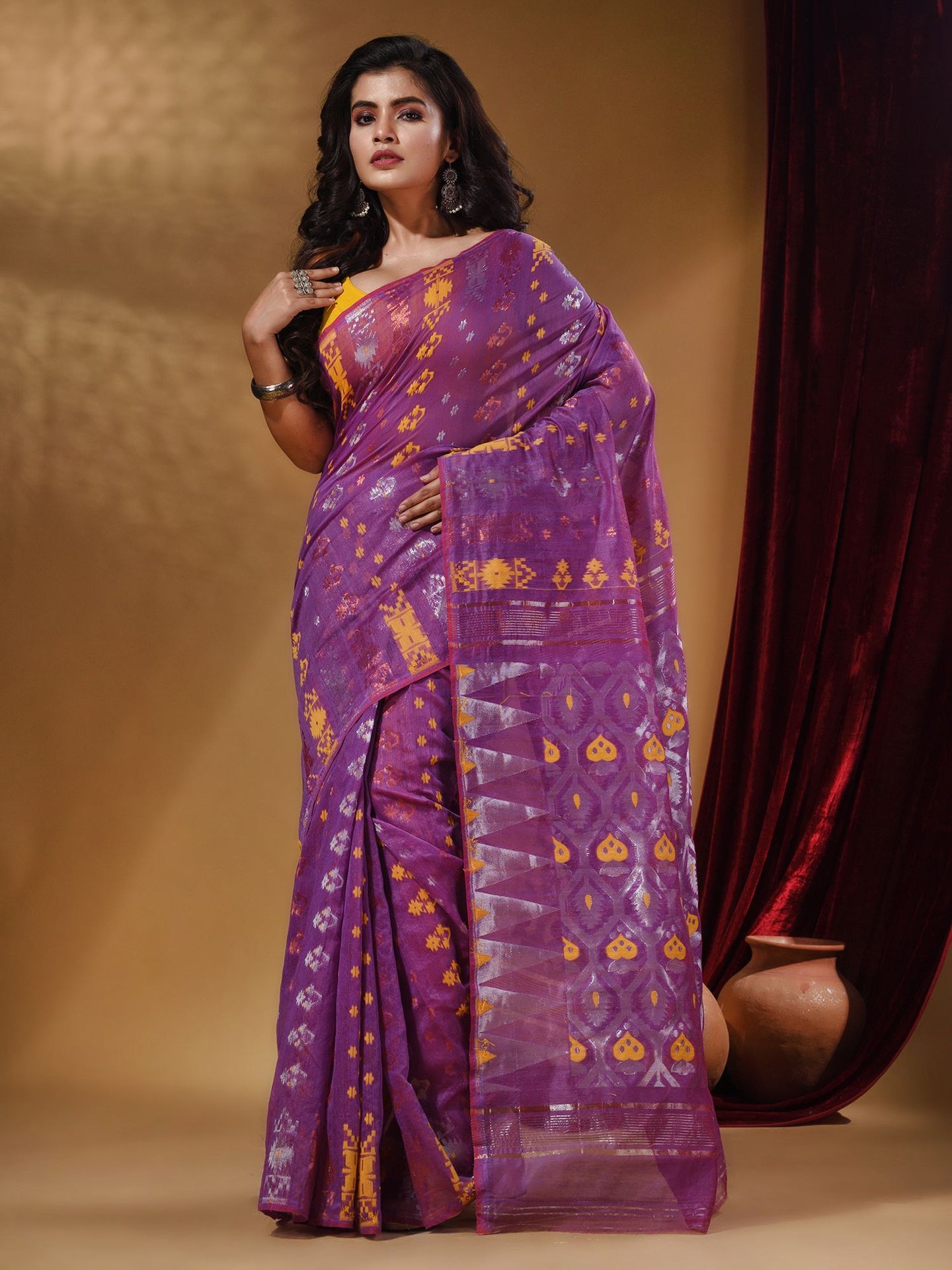 Violet Cotton Handwoven Jamdani Saree With Multicolor Designs And Motifs