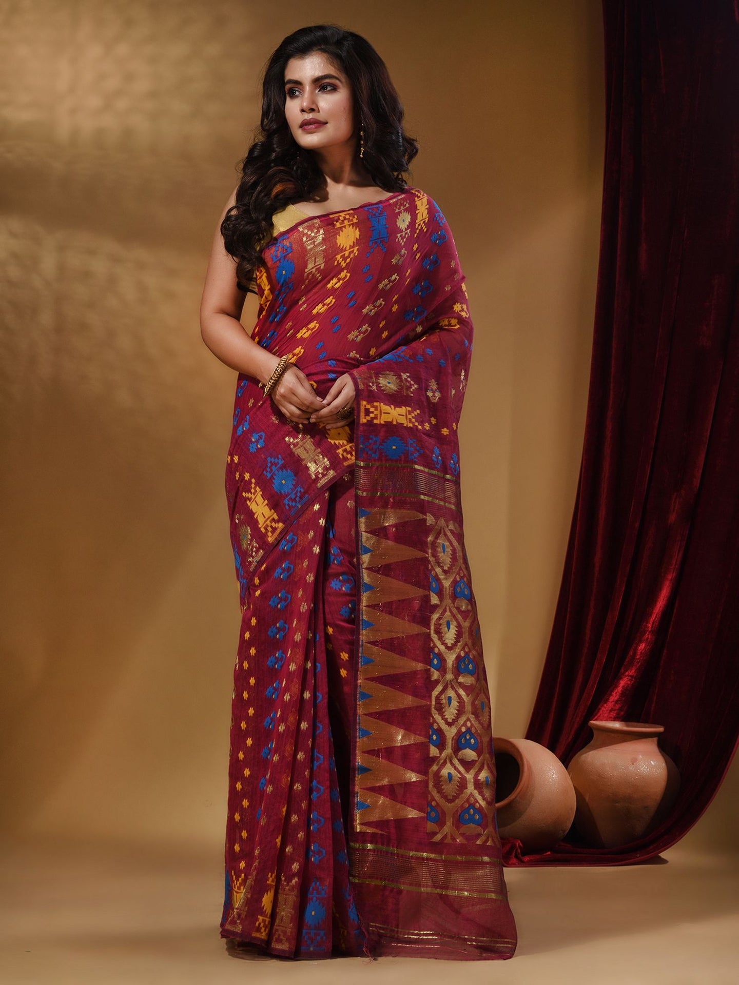 Magenta Cotton Handwoven Jamdani Saree With Multicolor Designs And Motifs