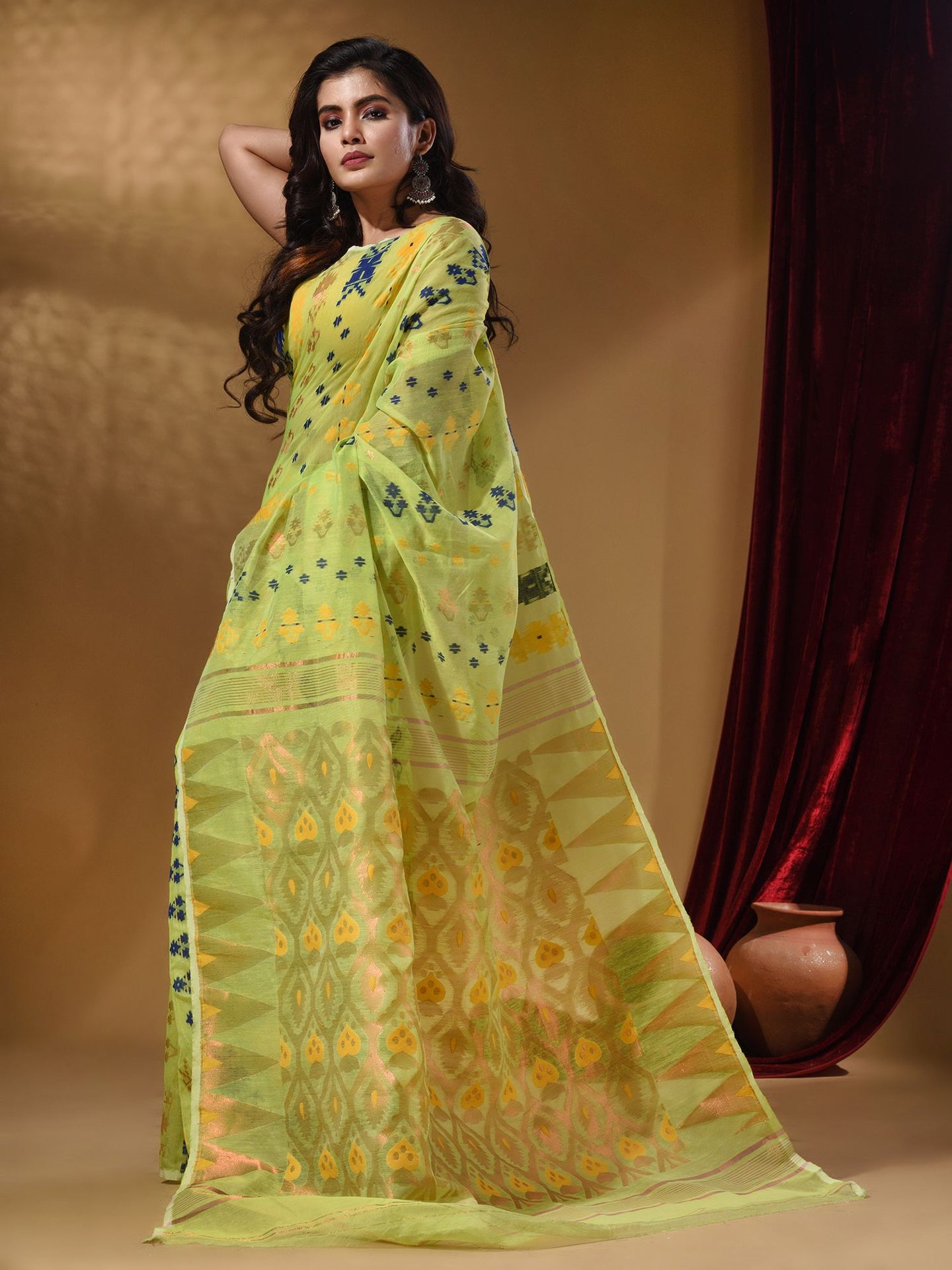 Light Green Cotton Handwoven Jamdani Saree With Multicolor Designs And Motifs
