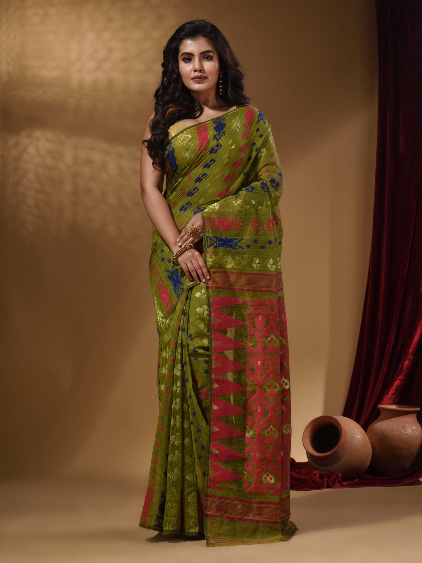 Sap Green Cotton Handwoven Jamdani Saree With Multicolor Designs And Motifs