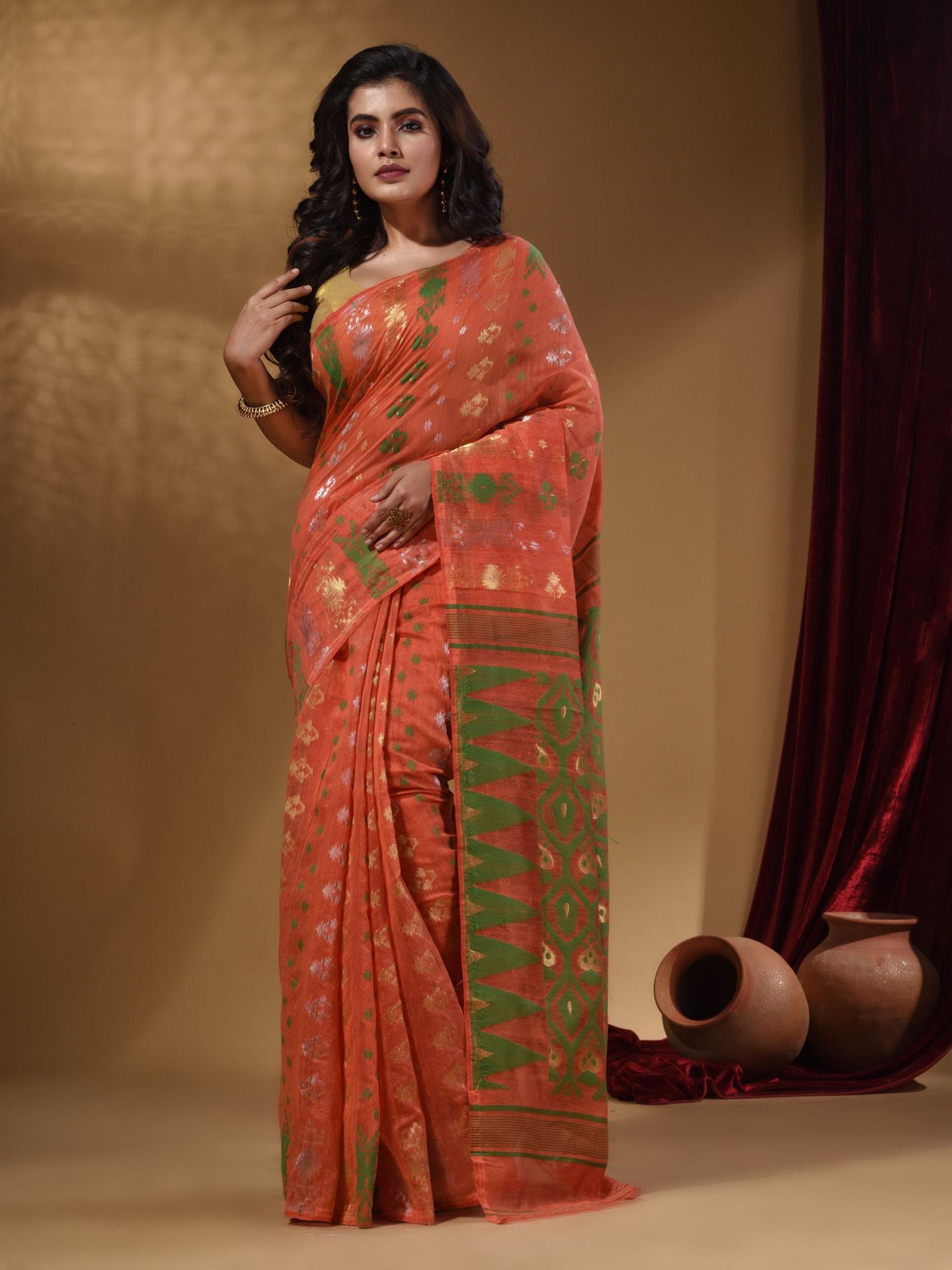 Orange Cotton Handwoven Jamdani Saree With Multicolor Designs And Motifs