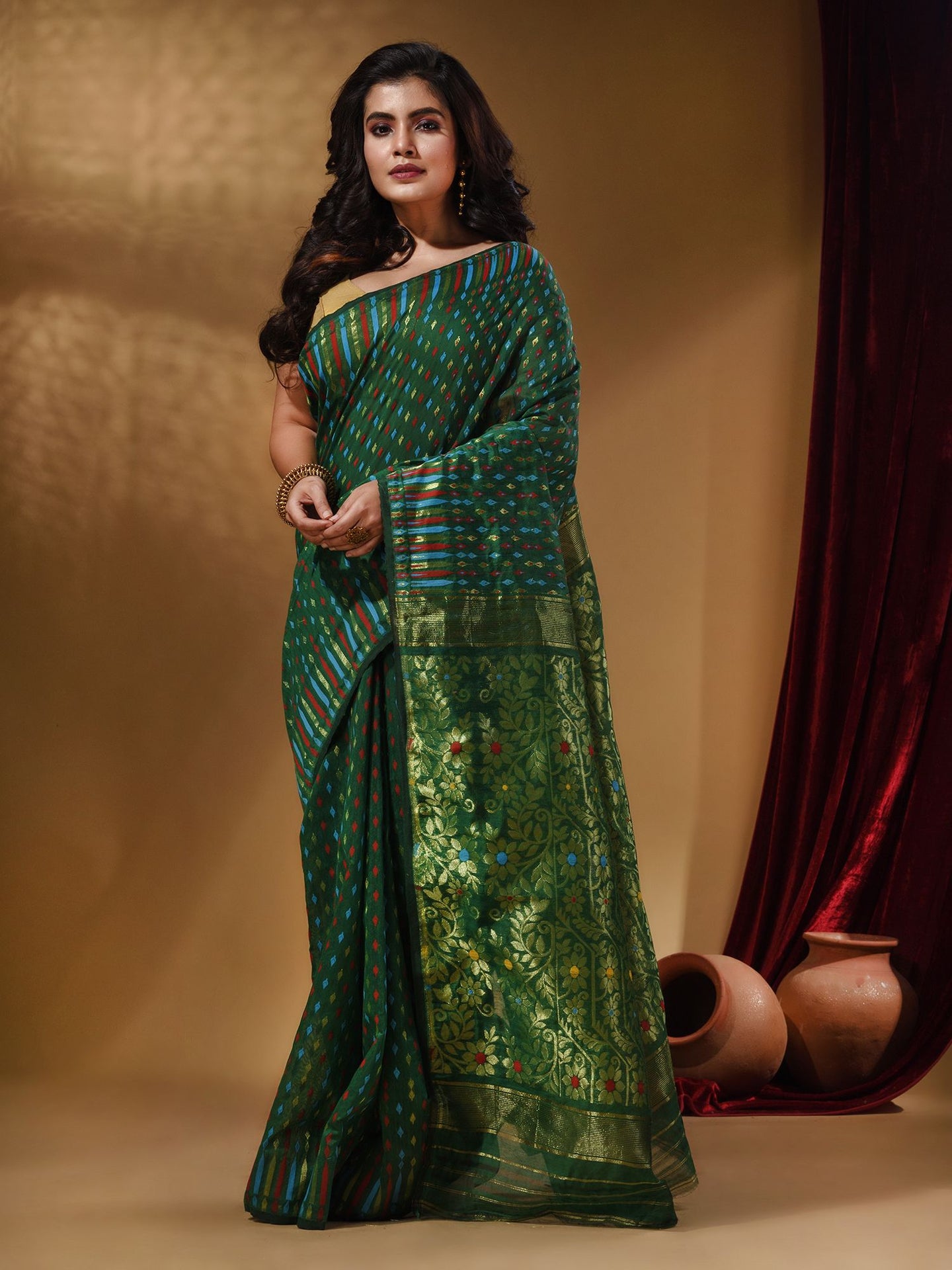 Green Cotton Handwoven Jamdani Saree With Woven Buttas And Floral Designs