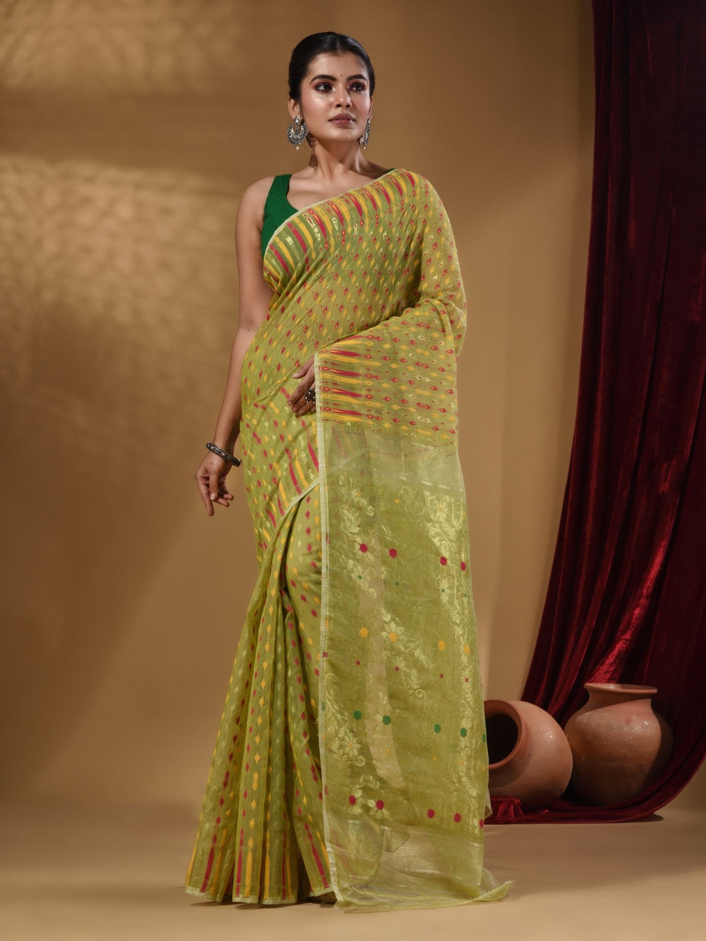 Pistachio Green Cotton Handwoven Jamdani Saree With Woven Buttas And Floral Designs