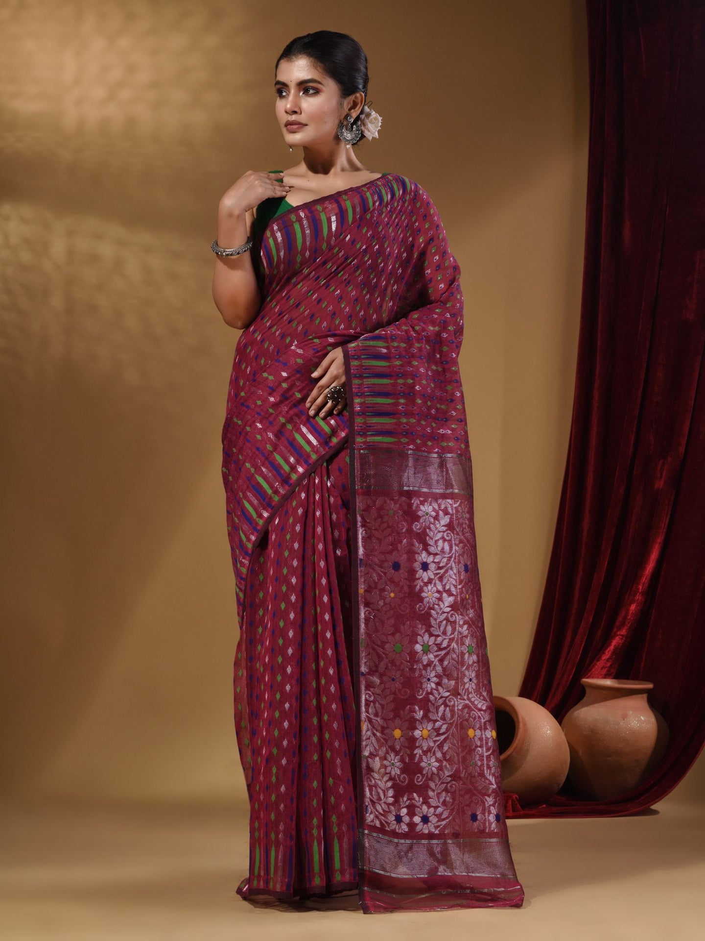 Fuchsia Cotton Handwoven Jamdani Saree With Woven Buttas And Floral Designs