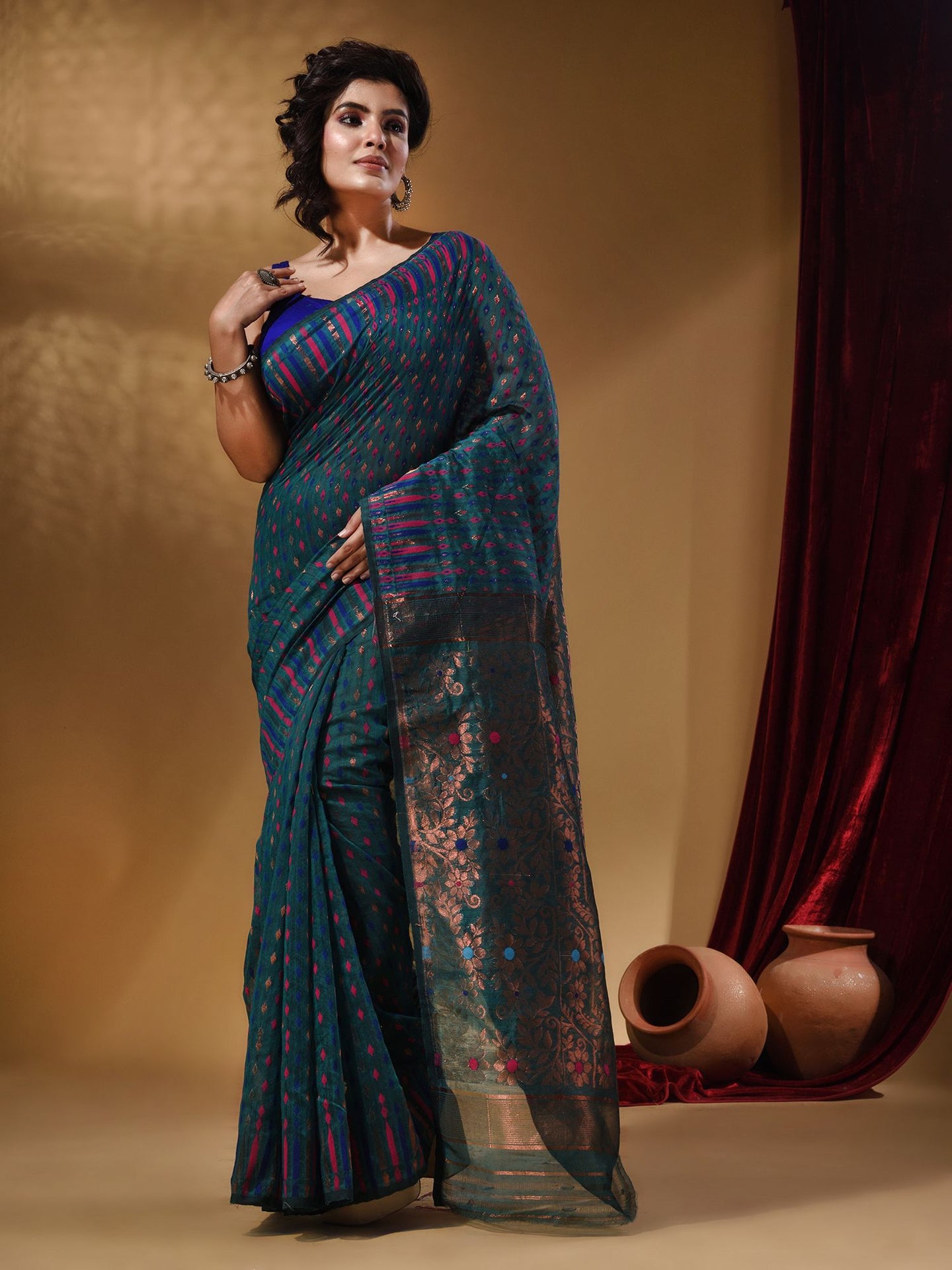Teal Cotton Handwoven Jamdani Saree With Woven Buttas And Floral Designs