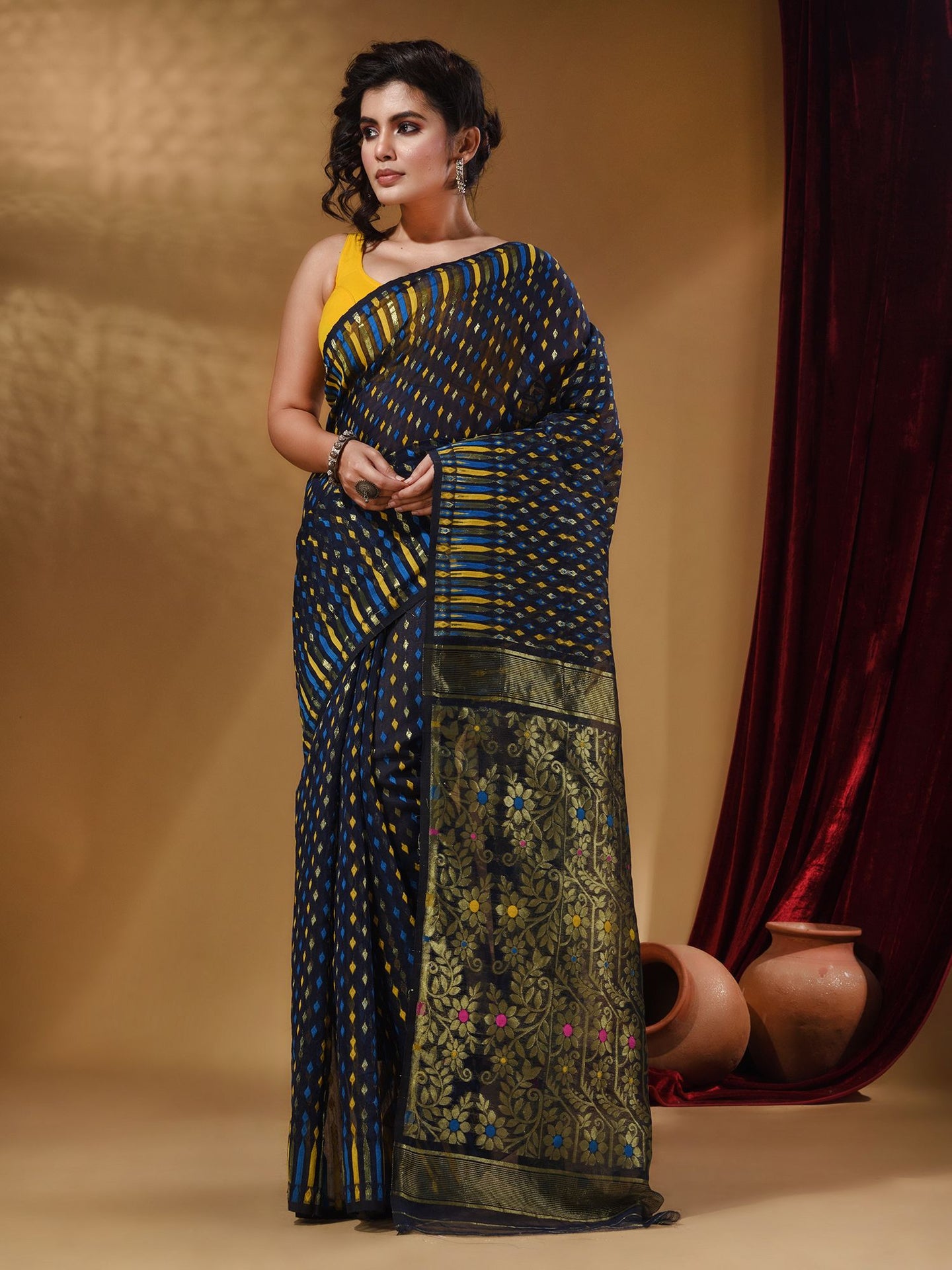 Navy Blue Cotton Handwoven Jamdani Saree With Woven Buttas And Floral Designs