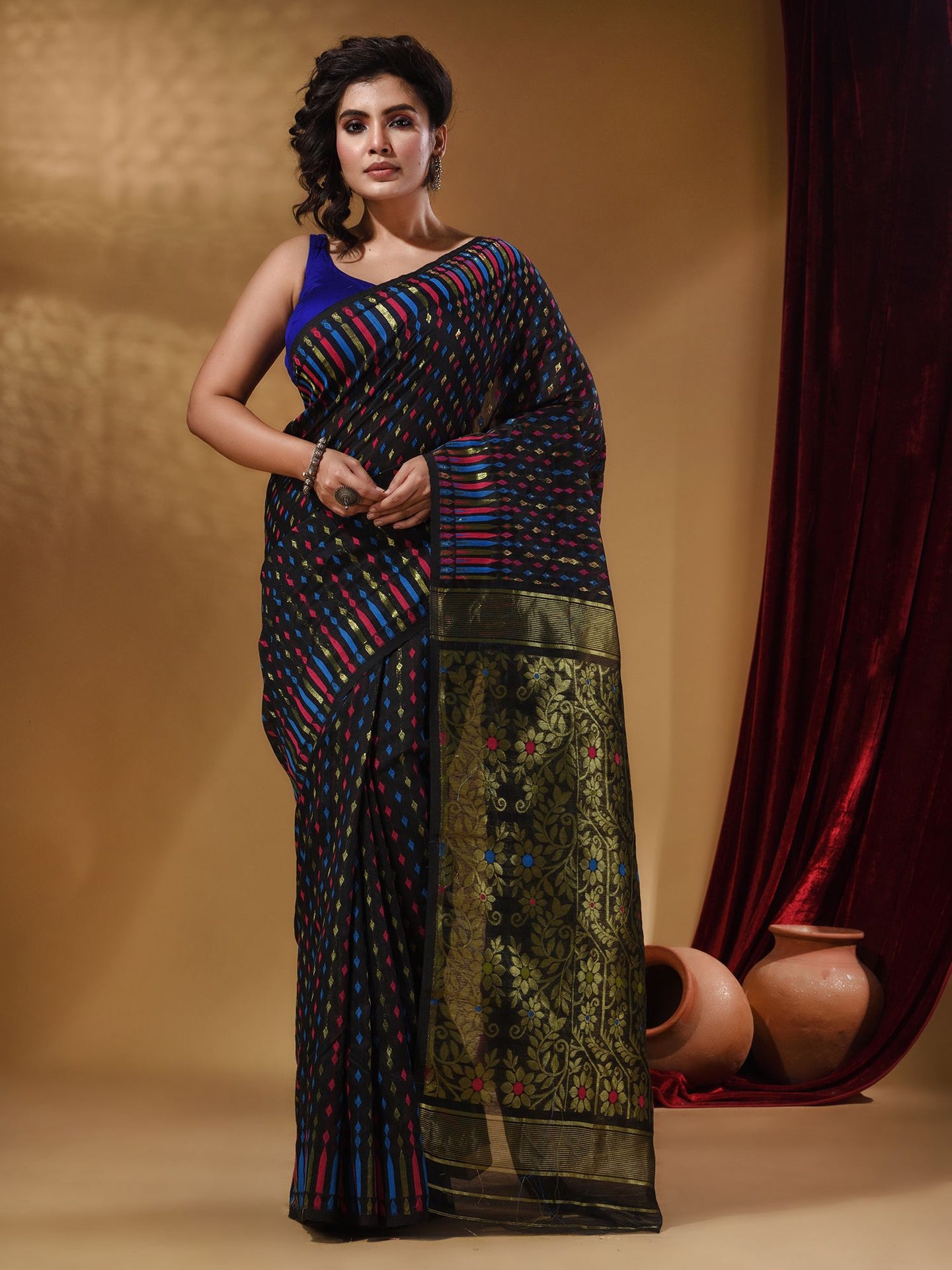 Black Cotton Handwoven Jamdani Saree With Woven Buttas And Floral Designs