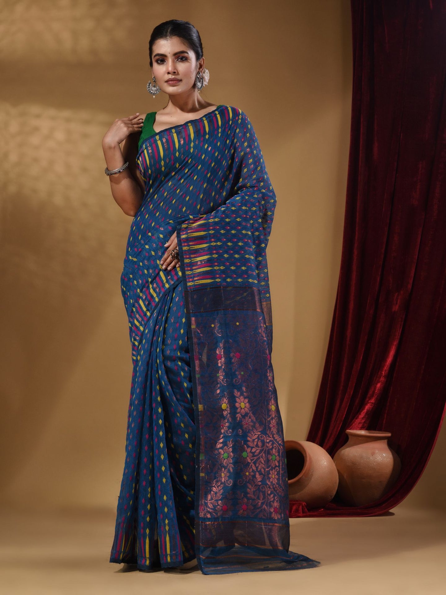 Azure Blue Cotton Handwoven Jamdani Saree With Woven Buttas And Floral Designs