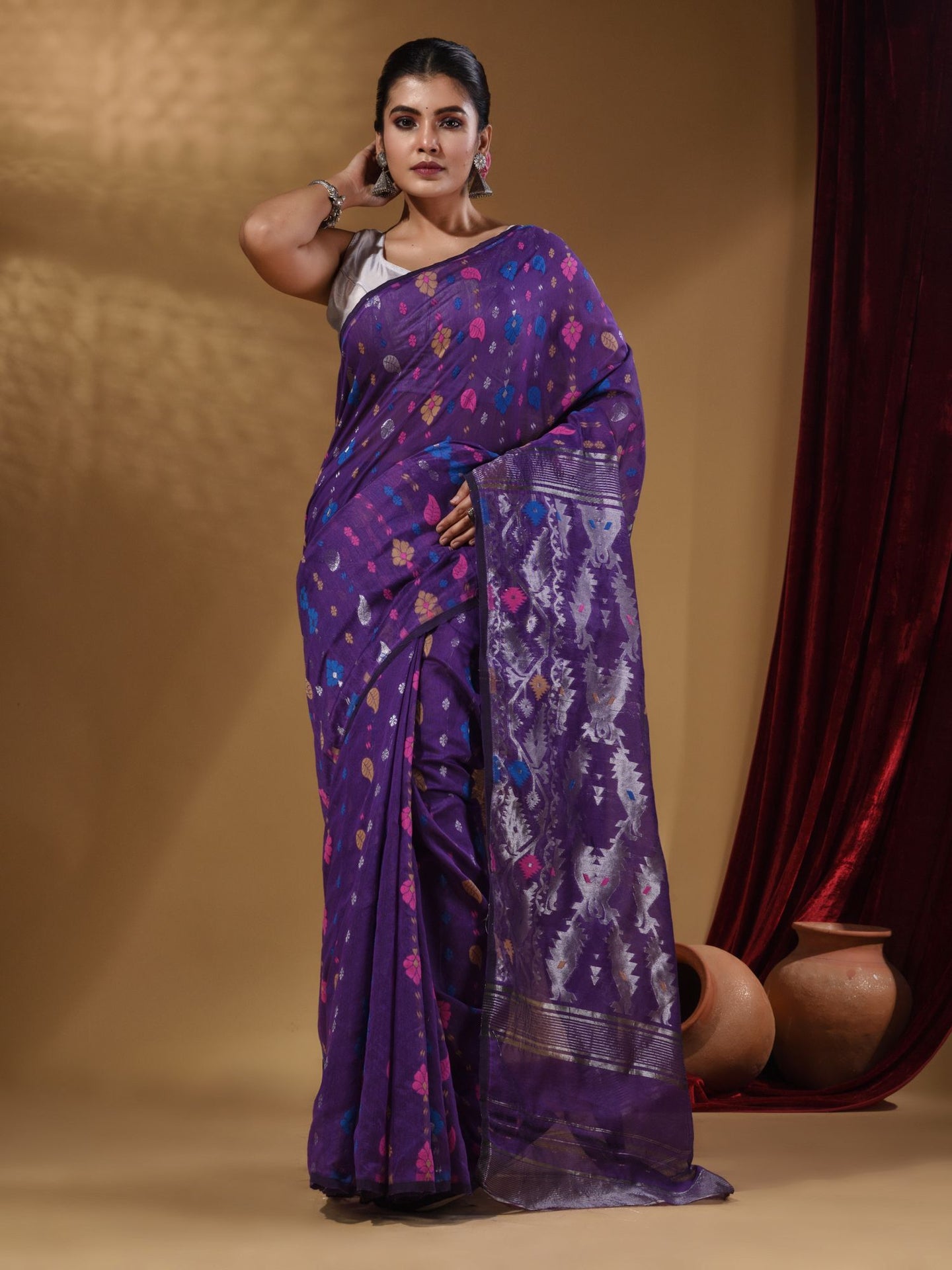 Violet Cotton Handwoven Jamdani Saree With Multicolor Woven Designs And Motifs